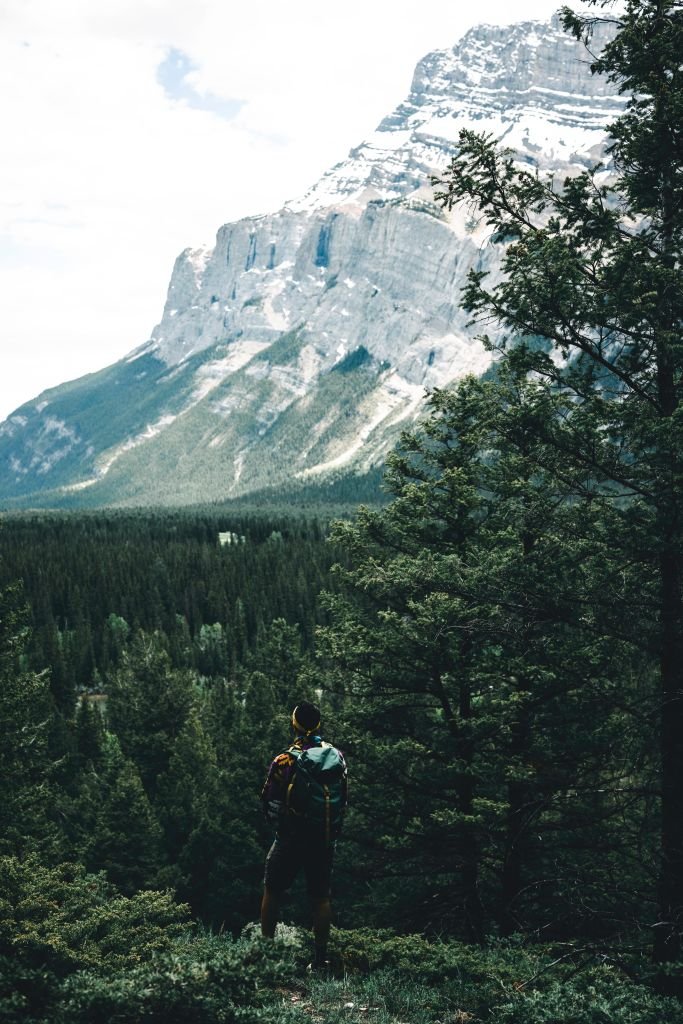 Hiker standing amidst lush forest, admiring the rugged mountains of Banff, Canada.